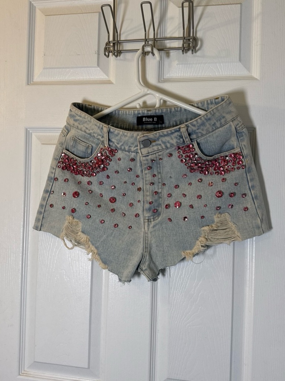 Blue B Light Wash Denim Shorts with Pink Gem Accents